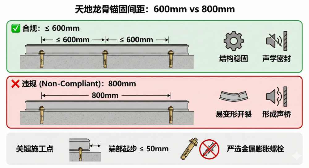 天地龙骨打膨胀螺丝，间距 600mm 还是 800mm？